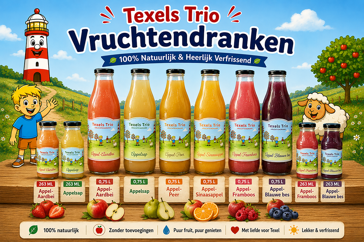 Illustratie met Texels Trio vruchtendrankflessen, vuurtoren, kinderen en fruit op een houten plank, blauwe lucht.